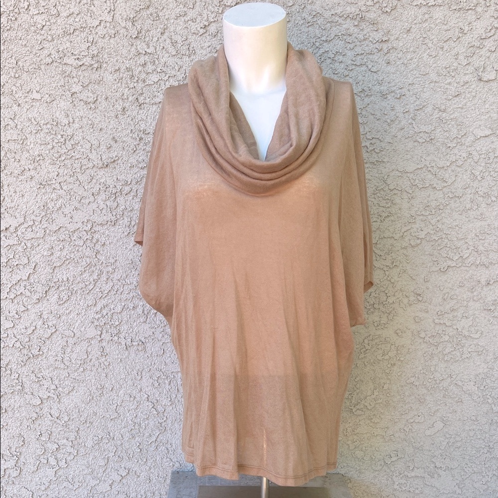 Imaginary Voyage Tan Cowl Neck Knit Sheer See through Sweater Blouse Shirt Top